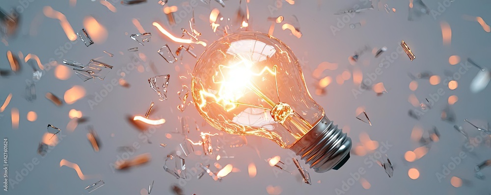 Poster explosion of lightbulb in high-speed electric crash concept. a broken light bulb bursting with energ