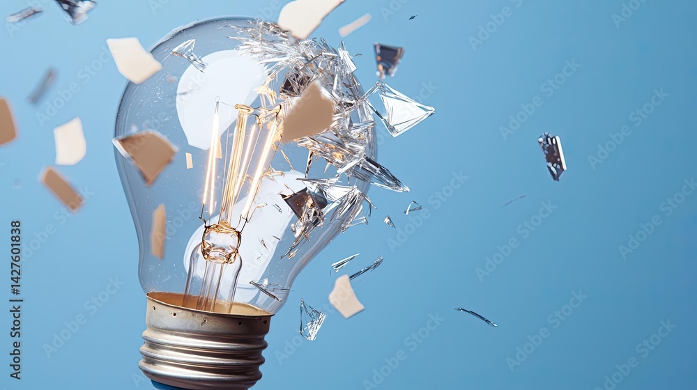 Poster explosion of lightbulb showing bulb and filament crash concept. a shattered light bulb symbolizing b