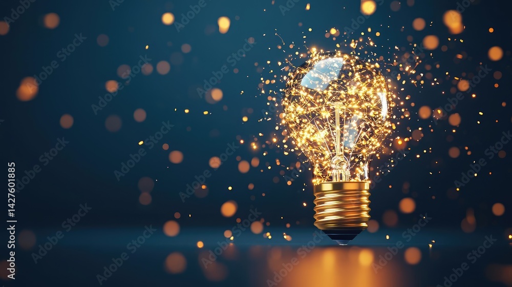 Poster explosion of lightbulb showing bulb and filament crash concept. a glowing light bulb emitting sparks