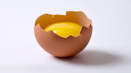 Half of a brown eggshell filled with raw egg yolk placed on a clean white surface.
