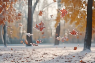 Autumn Maple Leaves Frozen in Mid-Air on a Snowy Park, Whimsical Seasonal Time Change Concept, Landscape Photography
