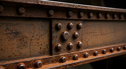 Detailed Macro Shot of Weathered Steel Beam with Rivets and Rust