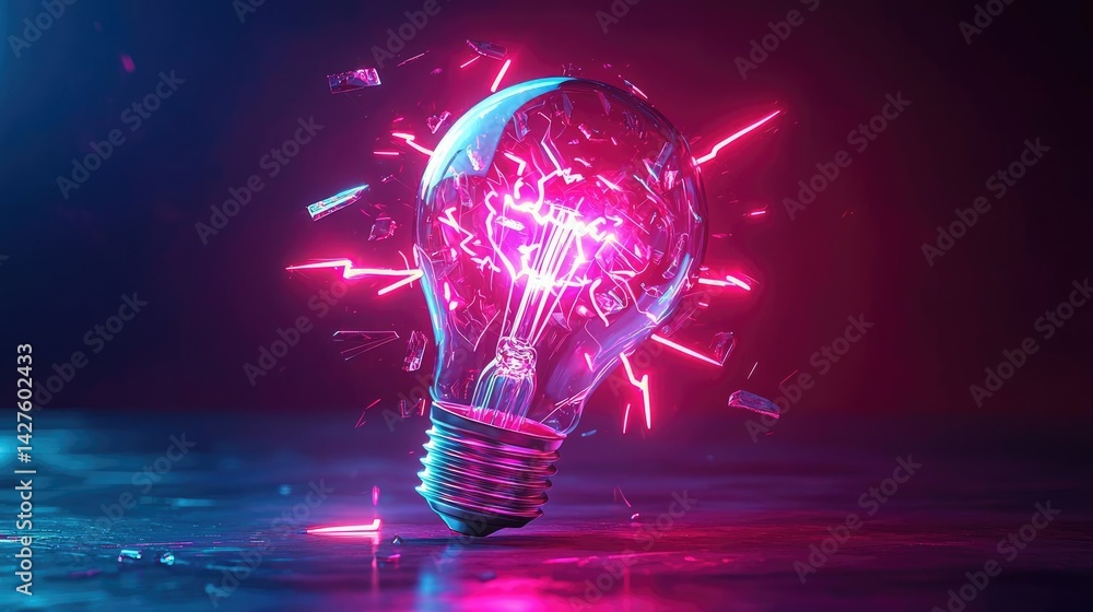 Poster explosion of lightbulb in high-speed electric crash concept. a glowing light bulb emitting colorful 