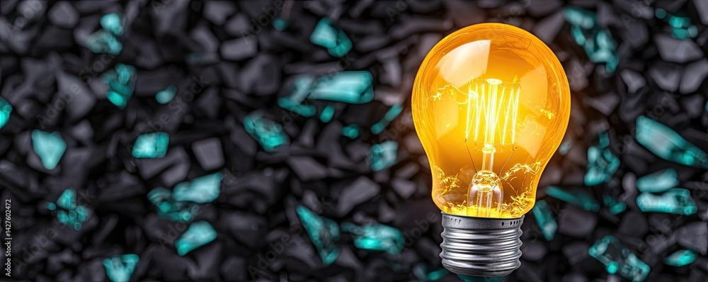 Poster explosion of lightbulb in high-speed bulb shattering concept. an illuminated light bulb shines over 