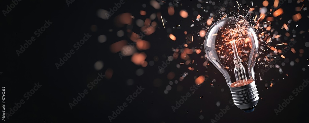 Aufkleber explosion of lightbulb showing bulb and filament crash concept. shattered light bulb with sparks on 