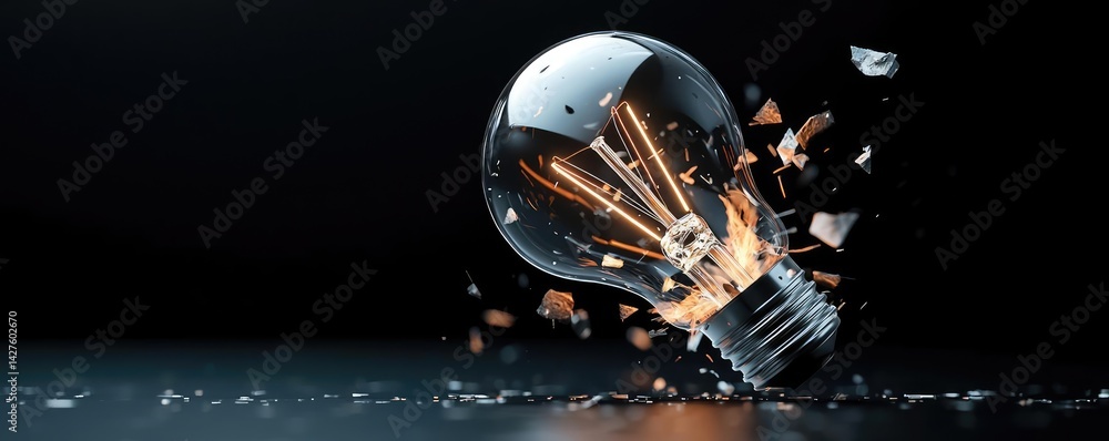 Poster explosion of lightbulb showing bulb and filament crash concept. a shattered light bulb emitting spar