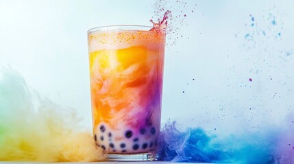 A freshly made bubble tea with a swirl of colorful fruit flavors and chewy tapioca pearls, placed on a white surface, emphasizing the drinks vibrant and appealing appearance.