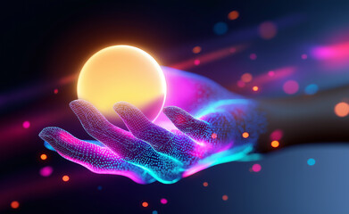 Futuristic digital hand made of glowing network lines holding a radiant, high-tech sphere in a neon-lit virtual space.
