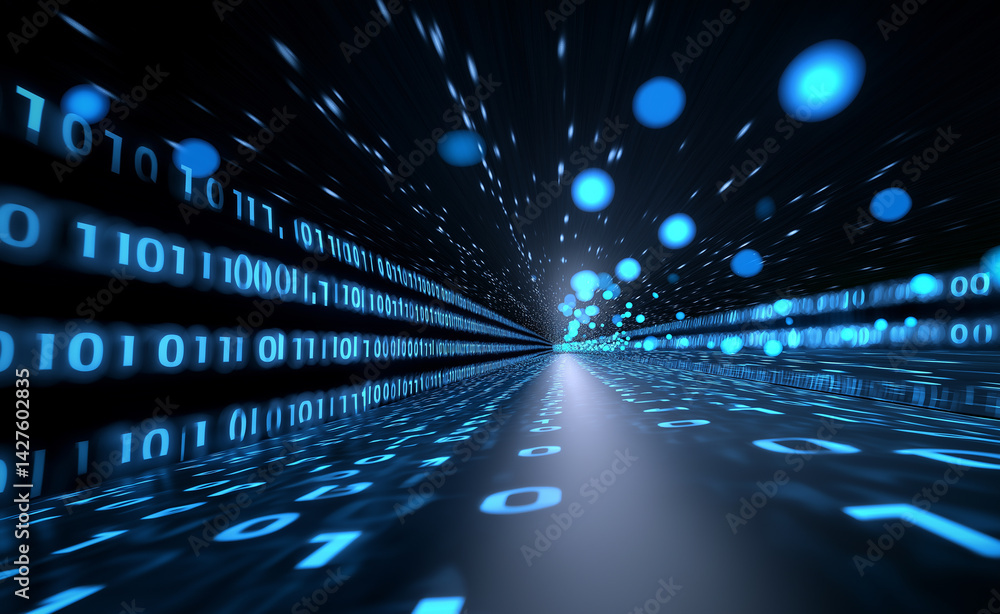 Poster futuristic digital highway made of binary code speeding through a neon-lit cyber cityscape.