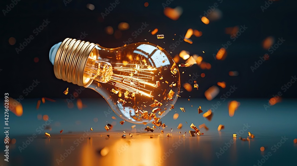 Poster explosion of lightbulb in high-speed bulb shattering concept. a broken light bulb creating sparks ag