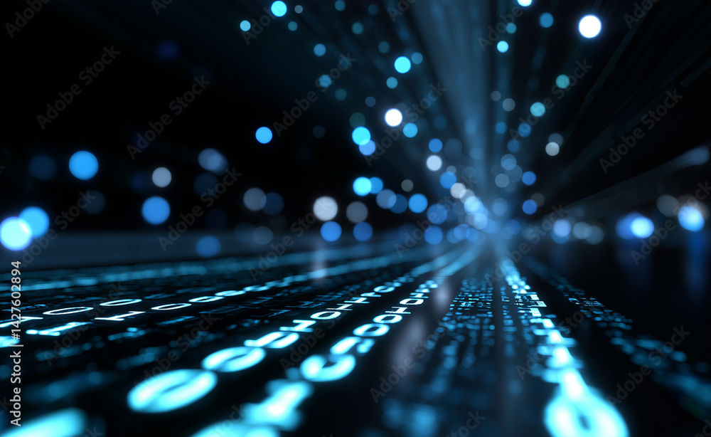 Poster futuristic digital highway made of binary code speeding through a neon-lit cyber cityscape.
