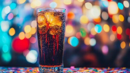 A glass of Coke against a backdrop of party decorations, with colorful confetti scattered around, symbolizing celebration and joy, perfect for festive occasions.