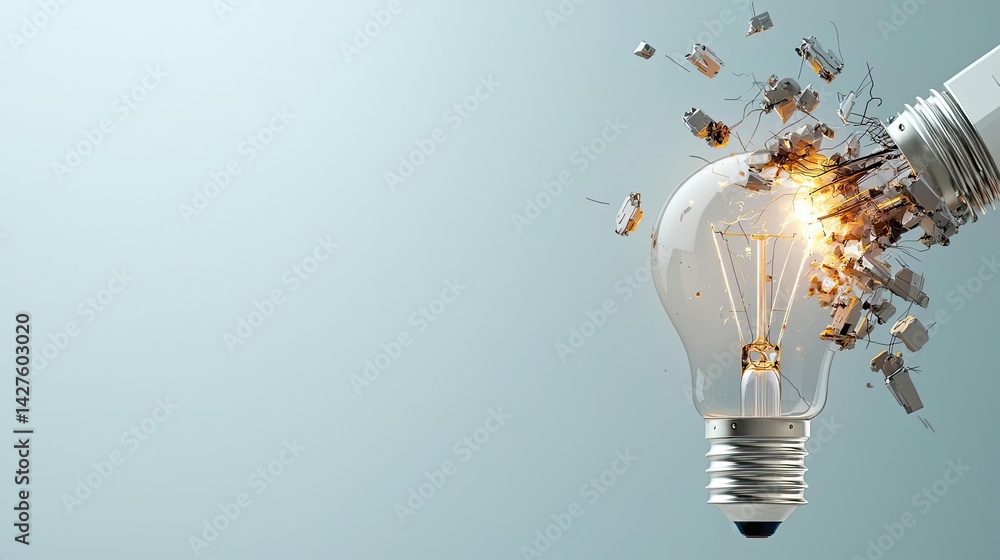 Poster explosion of lightbulb showing bulb and filament crash concept. an exploded light bulb emitting spar