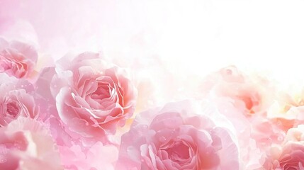 Romantic pink roses banner with soft pastel tones, a close-up bouquet on a light pink and white background with blurred depth of field, perfect for elegant floral-themed designs.  