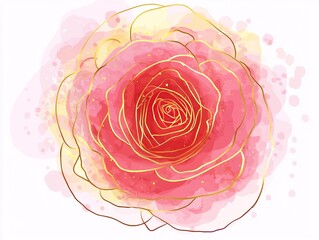 Minimalistic watercolor rose flower with gold line accents in pink and red pastel tones, isolated on white background in flat 2D vector illustration style.  