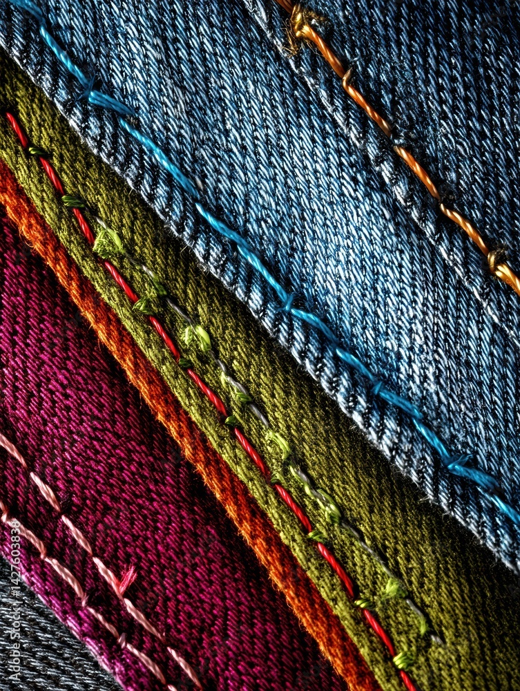 Fototapete Detailed View of Textured Denim Fabric Showcasing Vibrant Stitching Patterns and Colors Under Soft Light in a Textile Studio