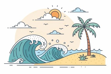 Obraz premium Waves on sandy beach linear icon. Seaside with palm. Trip to Indonesian islands. Sunny sea coast in Bali. Thin line illustration. Contour symbol. Vector isolated outline drawing. Editable stroke