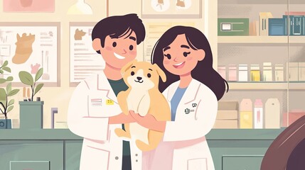 Happy Vets with Adorable Puppy at Clinic.