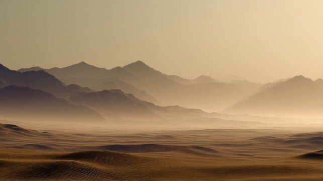 Golden Hour Desert Haze: Misty Mountain Range Panorama