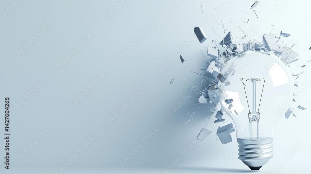 Poster explosion of lightbulb showing bulb and filament crash concept. a shattered light bulb symbolizing i