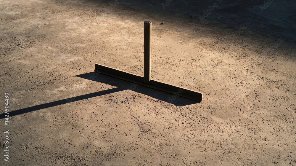Poster a shadowed tool stands on a textured surface, casting a long shadow, suggesting themes of constructi