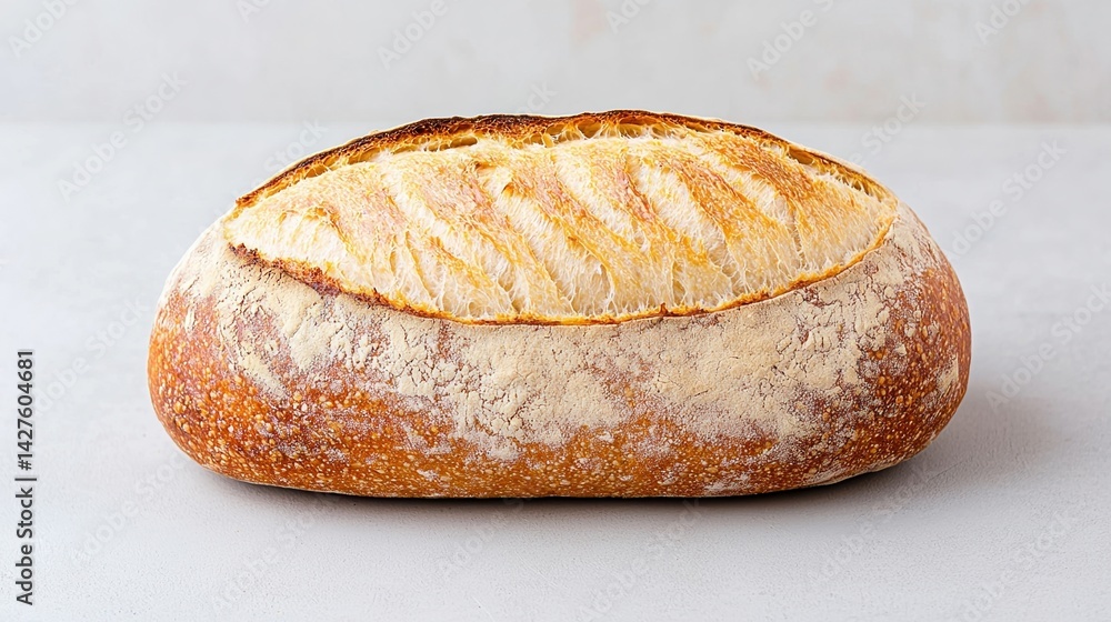 Poster a rustic loaf of bread with a golden crust and a textured surface, resting on a light background.
