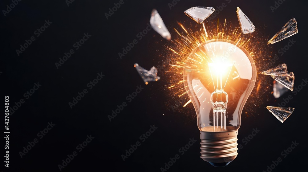 Poster explosion of lightbulb in high-speed bulb shattering concept. exploding light bulb with sparks on a 