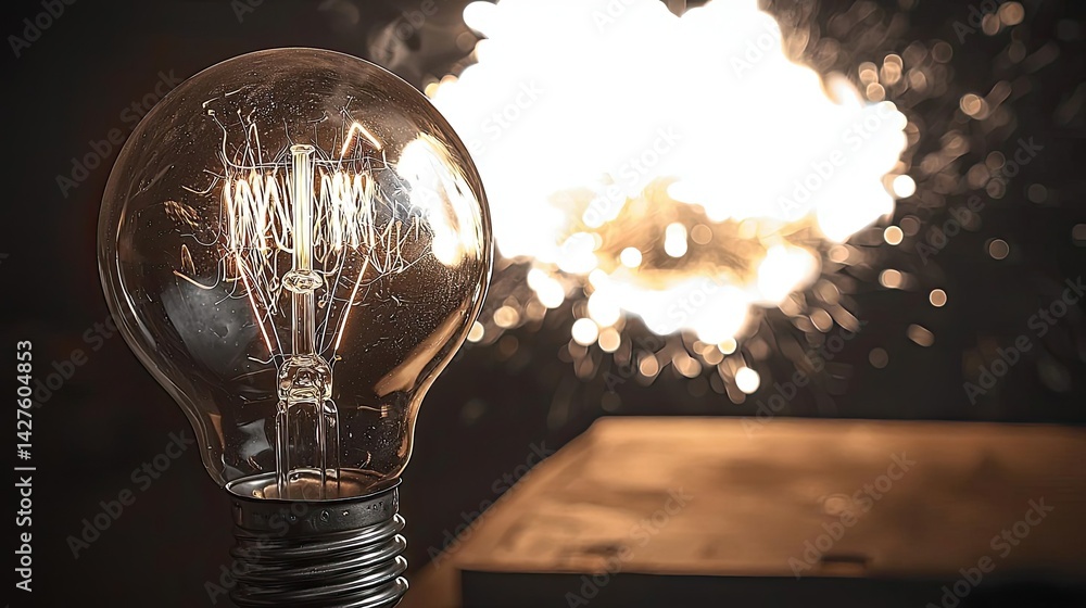 Poster explosion of lightbulb showing bulb and filament crash concept. an illuminated light bulb shines in 