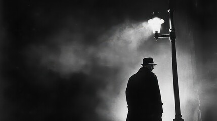 Man in coat and hat stands under a street lamp in a foggy and dark black and white outdoor scene