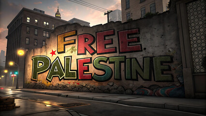 Fototapeta premium Street art action promoting free palestine urban environment graffiti mural daylight viewpoint