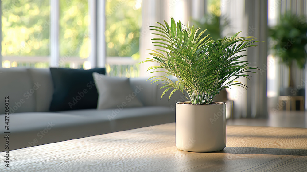 Aufkleber healthy palm plant in modern pot sits on wooden table, illuminated by natural light streaming throug