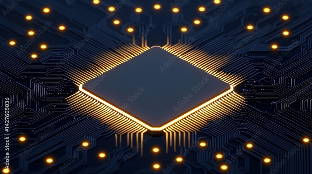 Poster a close-up view of a microchip surrounded by glowing connections, representing technology and innova