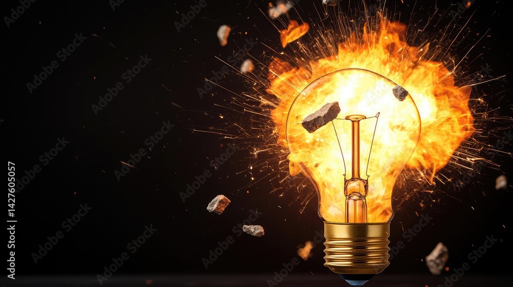 Poster explosion of lightbulb in high-speed bulb shattering concept. an exploded light bulb showcasing ener