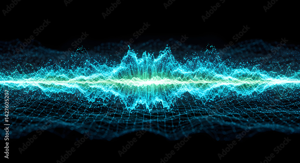Poster abstract visualization of technological data stream in blue green color
