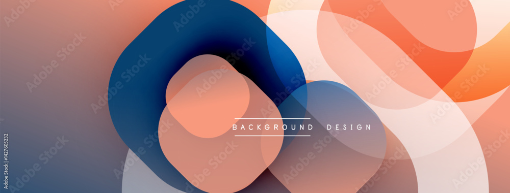 Poster Abstract background features overlapping translucent circles. Warm color palette includes shades orange, blue, peach. Modern design evokes fluidity, depth. Minimalist aesthetic suitable digital projec