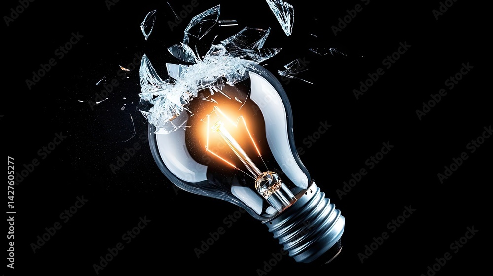 Poster explosion of lightbulb in high-speed bulb shattering concept. a shattered light bulb with a glowing 