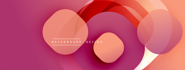 Abstract composition featuring overlapping circles. Warm color palette dominates, ranging from peach to deep magenta. Modern design evokes fluidity, depth, visual harmony.