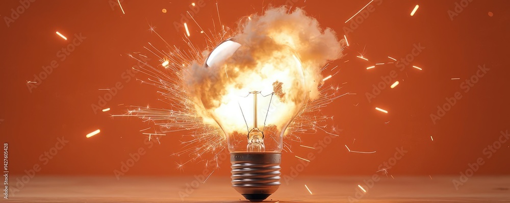 Poster explosion of lightbulb in high-speed bulb shattering concept. an exploding light bulb creating spark