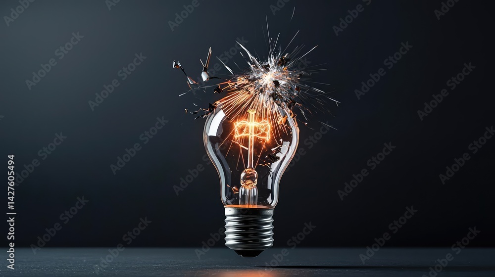 Poster explosion of lightbulb in high-speed bulb shattering concept. a broken light bulb sparking a bright 
