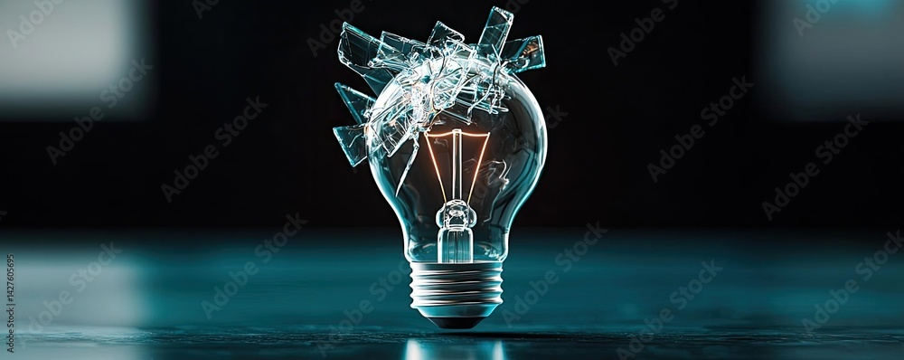 Poster explosion of lightbulb showing bulb and filament crash concept. broken light bulb with shards signal
