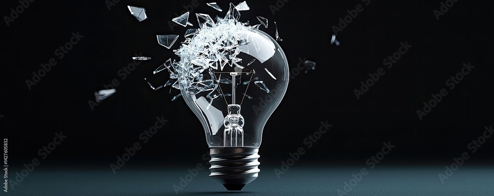 Poster explosion of lightbulb showing bulb and filament crash concept. a shattered light bulb symbolizes br