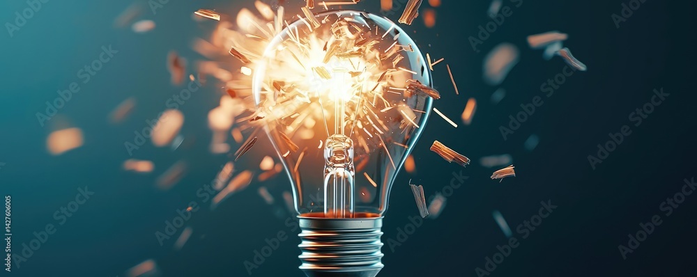 Poster explosion of lightbulb in high-speed bulb shattering concept. a shattered light bulb with sparks ill