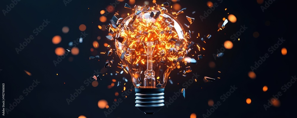 Poster explosion of lightbulb in high-speed bulb shattering concept. a creative light bulb exploding with s