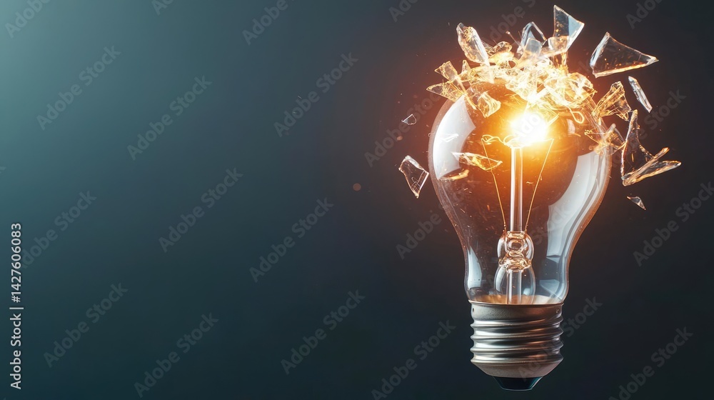 Poster explosion of lightbulb in high-speed bulb shattering concept. a shattered light bulb with glowing fi