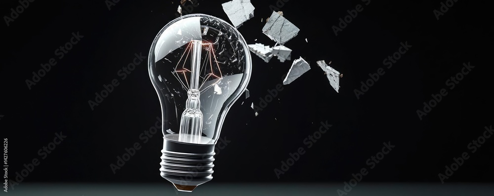 Poster explosion of lightbulb showing bulb and filament crash concept. a shattered light bulb symbolizing i