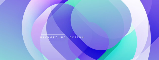 Abstract flowing shapes create vibrant background. Overlapping circles blend purple, blue, turquoise hues. Modern design evokes fluidity, movement, calm atmosphere.