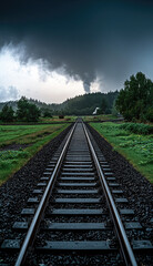 Fototapeta premium winding railway track stretches into distance, surrounded by lush greenery and dark, ominous clouds. scene evokes sense of adventure and mystery, inviting exploration
