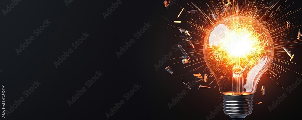 Poster explosion of lightbulb in high-speed bulb shattering concept. a glowing light bulb bursting with ene