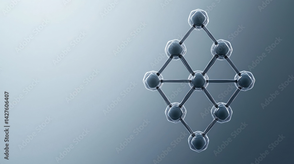 Poster a geometric representation of interconnected nodes resembling a molecular structure, set against a s