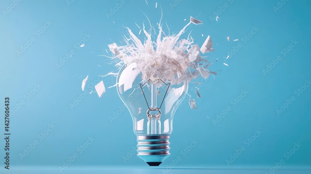 Poster explosion of lightbulb showing bulb and filament crash concept. an exploding light bulb symbolizes i